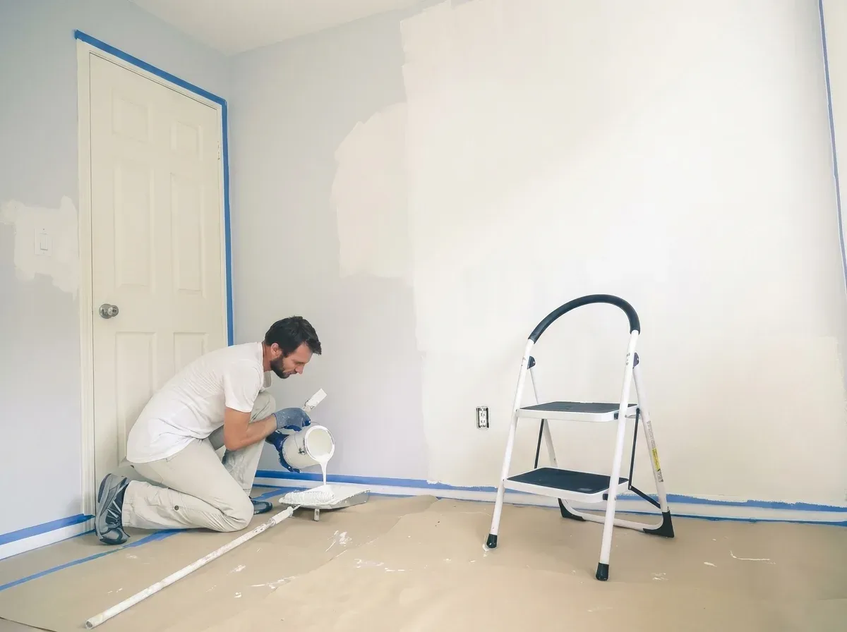 Pintor a preparar e alisar uma parede