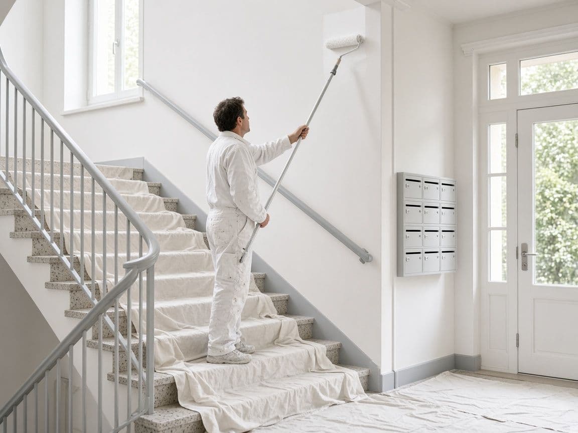 Escadas de um prédio com as paredes pintadas de novo